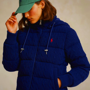 Ralph Lauren Women's Cable-Knit Hooded Down Coat in Royal Blue | KRQI70134