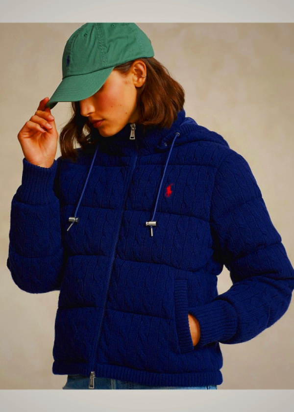 Ralph Lauren Women's Cable-Knit Hooded Down Coat in Royal Blue | KRQI70134