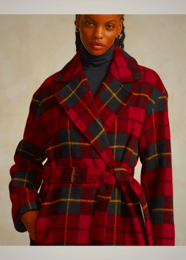 Ralph Lauren Plaid-Motif Wool Twill Wrap Coat for Women | GZBX21379
