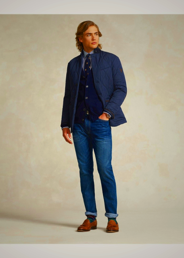 Ralph Lauren Men's Navy Quilted Suede-Trim Blazer Jacket | CGYE47089