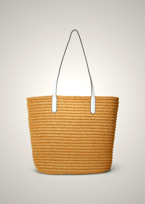 Ralph Lauren Tote Bag Leather-Trim Straw Large Brie White Women's GMKZ81965