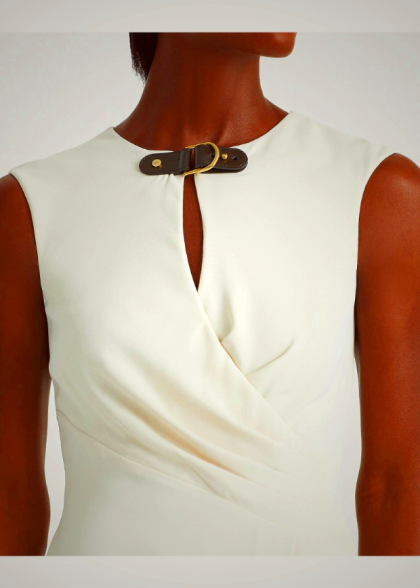 Ralph Lauren Cap-Sleeve Georgette Dress with Buckle Trim in Cream | ADJC49673